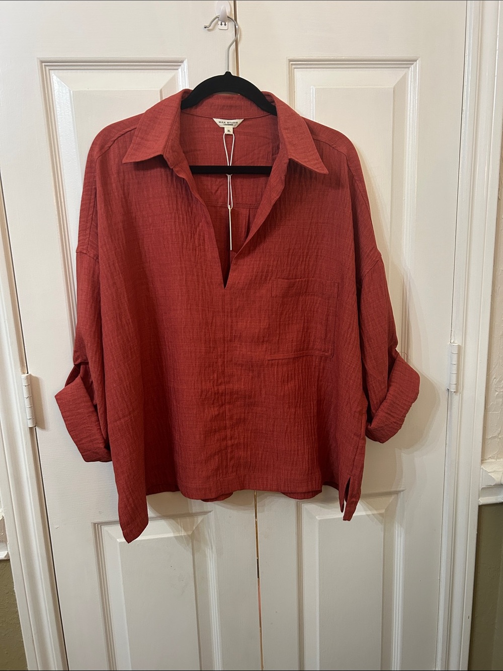 NWT Max Studio Rust Red V-Neck Gauze Popover Shirt Women's XL